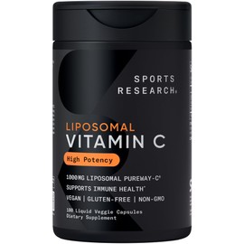 Sports Research® High Potency Liposomal Vitamin C Supplement 1000 mg – Certified Vegan, Non-GMO, Gluten Free | Antioxidant & Immune Support | Ascorbic Acid Vitamin C | 180 Liquid Veggie Capsules