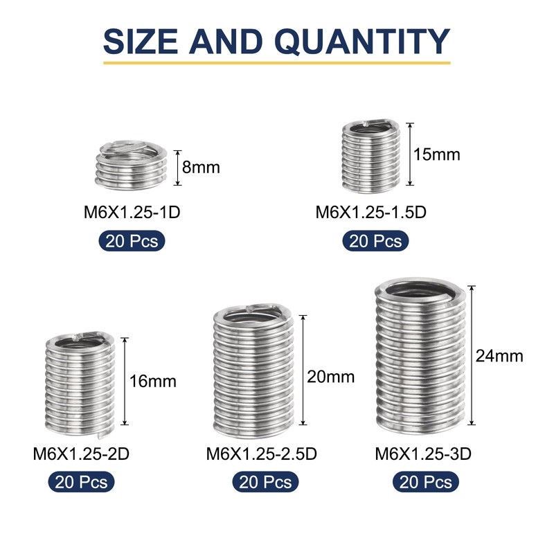 sourcing map 100pcs Wire Thread Insert Kit M6 x 1