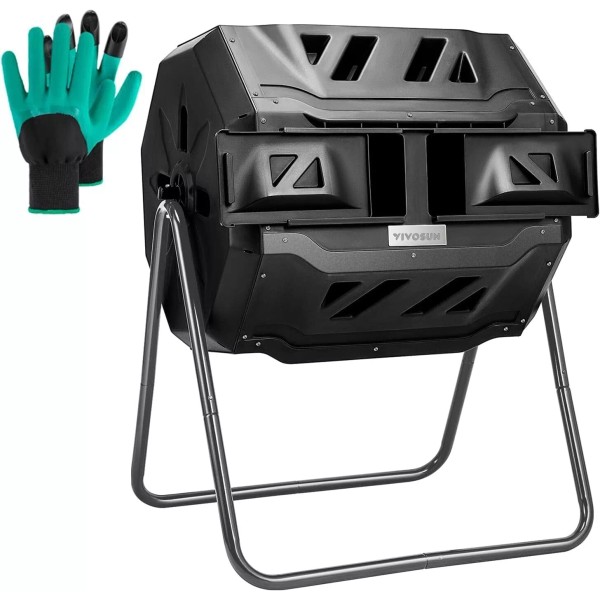 VIVOSUN 43Gal Outdoor Dual Chambers Composting Tumbler Bin Fertile 360°