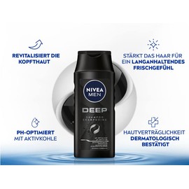 NIVEA MEN Deep Shampoo (250 ml), Oily Hair Shampoo with Activated Carbon, Revitalising Men's Shampoo for a Long-Lasting Fresh Feel