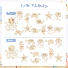 Sursurprise Under The Sea Milestone Cards, Baby Monthly Milestone Markers Wooden, 13PCS Ocaen Animals Double Sided Hello World Newborn 1-12 Months Circles Discs Signs Props