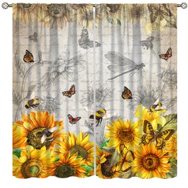 Farmhouse Sunflower Curtains,Vintage Country Newspaper Sunshine Old Sunflower Flower Plant Leaf Butterfly Bee Windows Treatments Rod Pocket For Girls Living Room Bedroom Kitchen 42x45in（No Blackout）