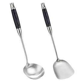 FJNATINH Wok Spatula and Ladle - Set of 2 Heat-Resistant Wok Tools - Wooden Handle Wok Ladle and Spatula Stainless Steel Cooking Utensils Wok Accessories Kitchenware Set