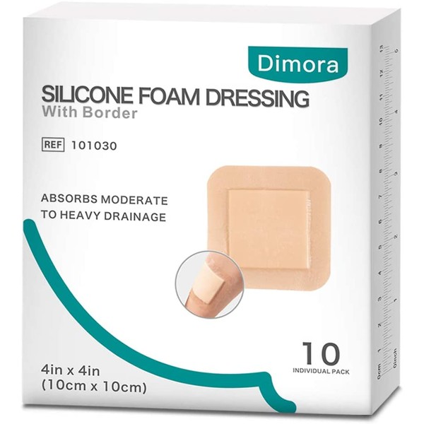Silicone Foam Dressing with Border Adhesive Waterproof 4"x4"(10 cm*10 cm) Pack of 10 Square Dressing for Wound Care