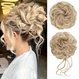 CJL HAIR 2PCS Messy Bun Hair Pieces Wavy Curly Synthetic Updo Chignon Fake Scrunchies Ponytail Extension for Women Dirty Blonde