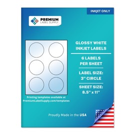 Premium Label Supply Glossy White Sticker Round Labels – 3" Circle – (6 per Sheet) (Glossy White for Inkjet Only, 150 Labels)