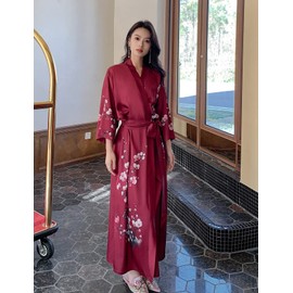 LOCIIXAT Women Summer Flower Print Kimono Long Satin Dressing Gown Robe, Red