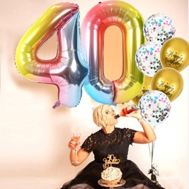 Number 40 balloons Rainbow，40 Balloons Birthday Boy Girl,40Inch Foil Number 4 & 0 Balloons with 6 Rainbow Metal and Confetti Helium Balloons for 40th Year Old Birthday Decorations