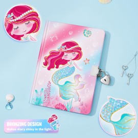 WERNNSAI Kids Diary Set for Girls Mermaid Journal Kit Gold Foil Journal with Lock and Keys Girls Mermaid Diary, Private Diary A5 Lined Writing Notebook Birthday Gift Set with Pen and Stickers