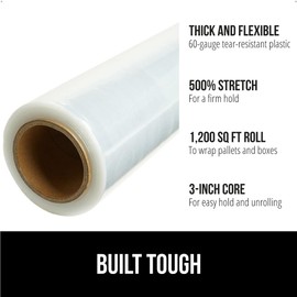 Gorilla Grip 500% Stretch Film Heavy Duty Plastic, 1200ft Shrink Wrap Roll 17" Puncture Resistant, Industrial Strength for Shipping, Pallet Storing, Moving, Packing Furniture Protection 1 Pack Clear | GORILLA GRIP