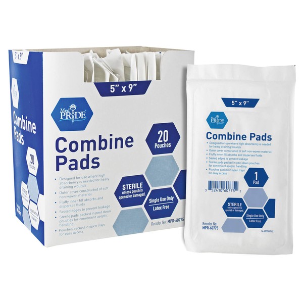 MED PRIDE Sterile Abdominal- ABD Combine Pads| 20-Pack, 5 x 9 Inches| Extra Absorbent & Thick, Individually Wrapped Wound Dressing, First Aid Pads| Surgical-Grade, Nonstick- for Heavy Leakage, Post Op
