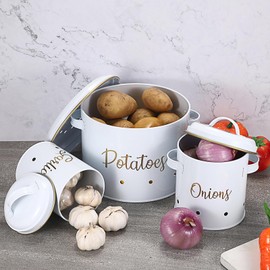 OwnMy Set of 3 Potato Onion Garlic Storage Bins Vegetable Containers Food Containers for Kitchen Counter, Potato Onion Storage Containers for Pantry Garlic Storage Jars Vegetable Canisters Set, White