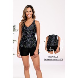 Halcurt Women's Two Piece Tankini Swimsuits Tummy Control Adjustable Drawstring Bathing Suit and Short with Pocket Shiny Black Paisley L