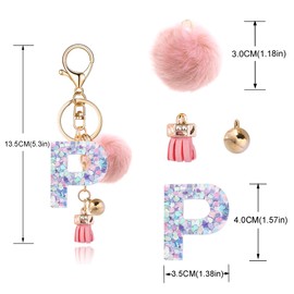 OKAICEN Pink-Purple Resin Alphabet Initial Letter Keychain Key Ring for Women Grils Purse Handbags with Ball Pom('P')
