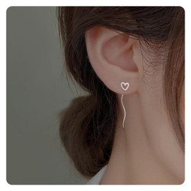 LAXPICOL 925 Sterling Silver Heart Threader Earrings,Hypoallergenicity Long Chain Tassel Dangle Earrings For Women,Long Bar Chain Dangly Earrings For Women,Silver Pull Through Earrings For Women