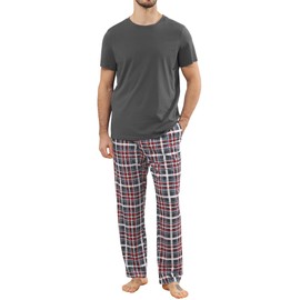 TeJoyce Mens Pyjamas Set Cotton Short Sleeve and Plaid Long Pants 2 Piece PJ Set Soft Comfy Loungewear Nightwear Set with Pockets Dark Gray