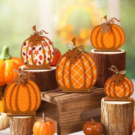 Ferraycle 5 Pieces Fall Pumpkin Decor Autumn Table Wooden Sign Thanksgiving Pumpkin Centerpiece Autumn Tiered Tray Decor for Home Harvest Party Supplies