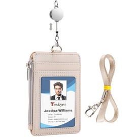 Teskyer Faux Leather ID Badge Holder - Retractable Lanyard with 4 Card Slots & Zip Pocket, Oyster/Bus Pass Storage, Vertical Design (Beige)