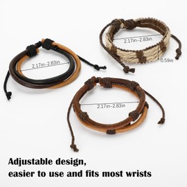 Goufaju 3 Pcs Vintage Leather Bracelet for Men Women Adjustable Men Leather Bracelets Braided Multilayer Leather Brown Wristband
