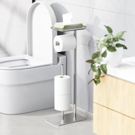Toilet Paper Holder Stand with Top Storage Shelf, Free Standing Toilet Roll Dispenser for Bathroom, Holds 4 Reserve Rolls