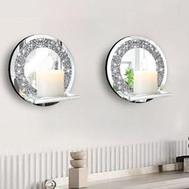 ZOLAPI Set of 2 Crystal Crush Diamond Candle Sconces, Gorgeous Silver Mirrored Wall Sconce, Candle Holder Glass Wall Decorations for Home Décor, Living Room, Dining Room.Round