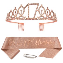 Rose Gold 17th Birthday Sash for Girls Birthday Princess Crown Queen Tiara Rhinestone Birthday Headbands Birthday Girl Sash Happy Birthday Decorations for Girls 17 Year Old Birthday Party Supplies