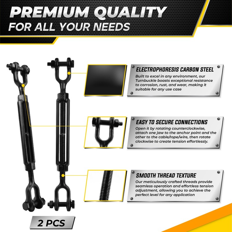 [Premium] 2 Pack 3/8”x11.4” Ultra Durable Jaw and Jaw Turnbuckle,