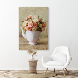 SIGNFORD Canvas Print Wall Art Pink & White Roses in Watering Can Vase Floral Plants Photography Modern Art Rustic Colorful Multicolor Warm for Living Room, Bedroom, Office - 16"x24"