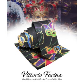 Vittorio Farina Mardi Gras Necktie & Matching Pocket Square Set (Mardi #5: Colorful Black Mask)