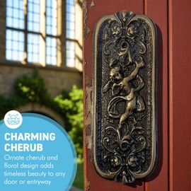 Antique Rustic Brass Door Push Plate with Ornate Cherub Design - Vintage Finger Plate Decor