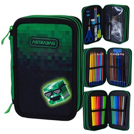 ASTRA BAG Pixel Hero 3-Compartment Pencil Case Filled Triple Pencil Case, Student Case 3-Tier Boys Pencil Case XXL, Pencil Case with Accessories, Motif - Game, Green, pencil case