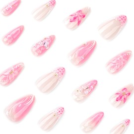 24Pcs French Tip Press On Nails Medium Almond Fake Nails 3D Flower False Nails With Pink Floral Designs Acrylic Nails Press Ons Glossy Glue On Nails Artificial Stick On Nails For Women
