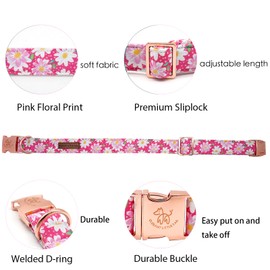Elegant little tail Dog Collar, Pink Floral Pattern Pet Collar Durable Cute Dog Collars Summer Female Pet Gift Adjustable Dog Collar for Large Dogs