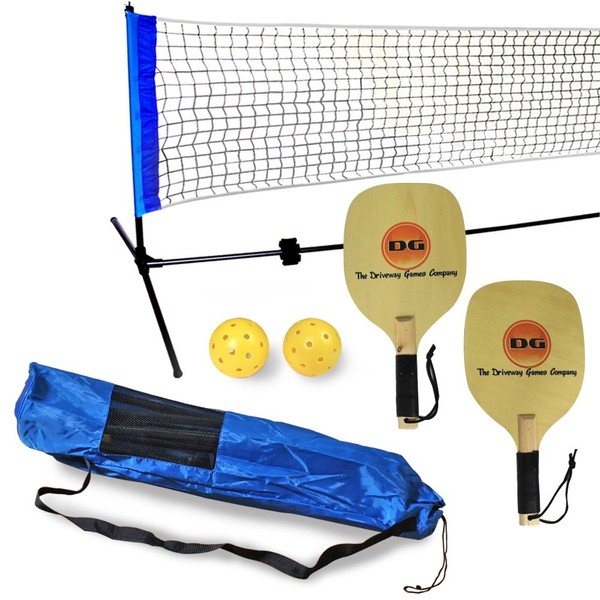 Driveway Games Portable Outdoor Pickleball Set. 2 Wood Racket Paddles, 2 Pickelballs, Bag and Net System Equipment (PB-00157)