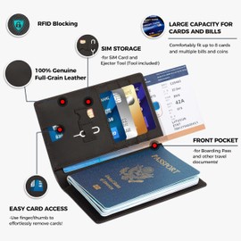 Only Brand Full Grain Leather Bifold Passport Holder, RFID Protected, Slim Travel Wallet with 8 Card Slots, SIM Storage (Munich Brown)