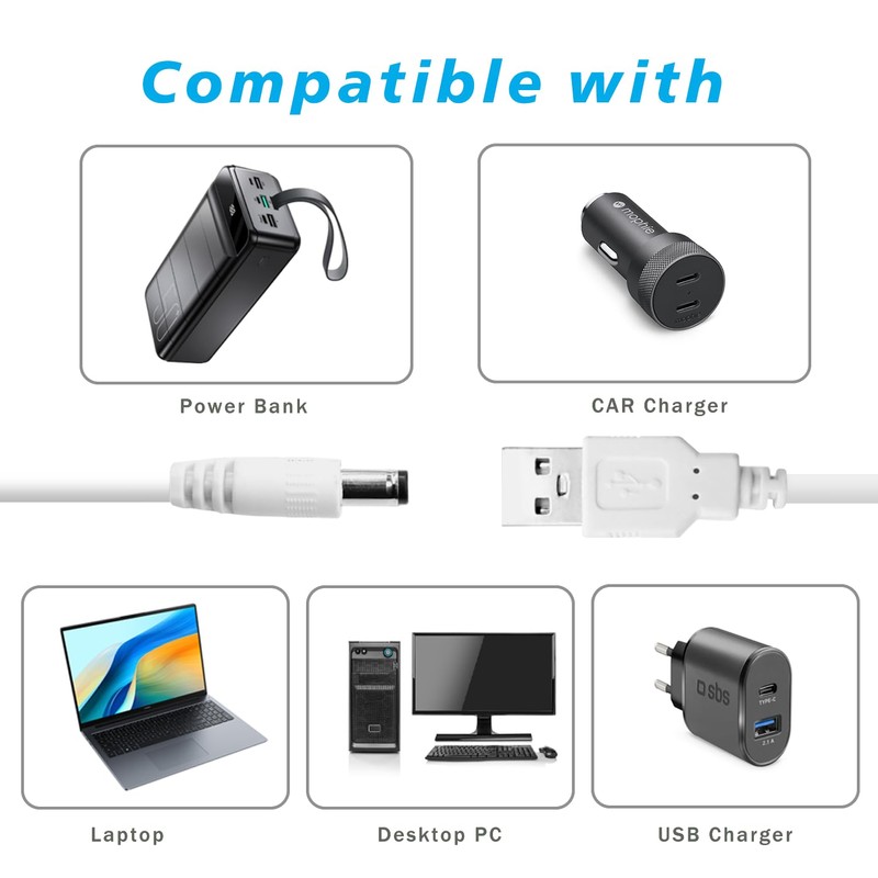 USB to DC 5V Power Cord, Universal DC 5.5x2.1mm Charging