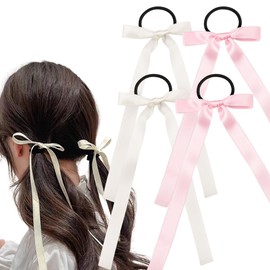 Long Hair Bow Ties for Women Pink Hair Bows for Teen Girls Beige Tassel Ribbons Bow Hair Ties for Girls Long Tail Ribbon Bow Hair Clips for Women 4 PCS French Long Hair Bows for Women