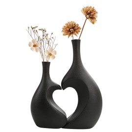 Black Ceramic Vase Set of 2, Heart Shaped vase, Matte Frosted Texture Finish,Farmhouse Decor, Home Decor, Decorative Vase, Vases for Your Bedroom, Office, Living Room, Bathroom (Black)