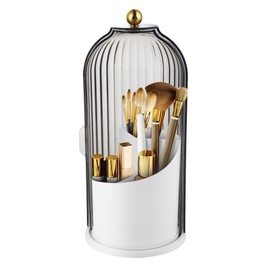 Makeup Brush Holder Organizer, 360 Rotating Makeup Brush Holder, Dustproof Waterproof Material & with 3 Compartments for Organized Storage, Dressing Tables Clear Storage Skincare Cosmetic (Grey)