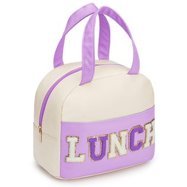 Hirabbi Reusable Portable Insulated Lunch Bag - Purple for Women Men PU Leather, Leakproof, Freezable Cooler Bag with Chenille Letters Small Lunch Box for Office Work