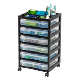 IRIS IRIS USA Fits 12" x 12" Paper, 6-Tier Scrapbook Movable Storage Cart with Organizer for Stationery Vinyl Tools Office Art and Craft Supplies, Yarn, Black Frame with 6 Clear Cases w/ Built in Handle