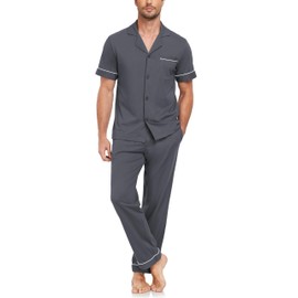 EA'S SECRET Short Sleeve and Long Pants Pajamas for Men Button Down Sleepwear Loungewear Lightweight Mens Pj Set(Deep Gray,L)