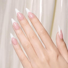 AILLSA Uñas francesas de gel, 180 unidades, uñas francesas a presión, largas, color rosa almendra, prebase y capa base preaplicadas, sin necesidad de 