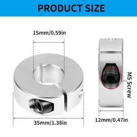 Split Shaft Collar, 4Pcs 15mm Aluminum One Piece Shaft Locking Collars, 15mm Bore Diameter, 35mm OD, 12mm Thickness, with M5 Set Screws