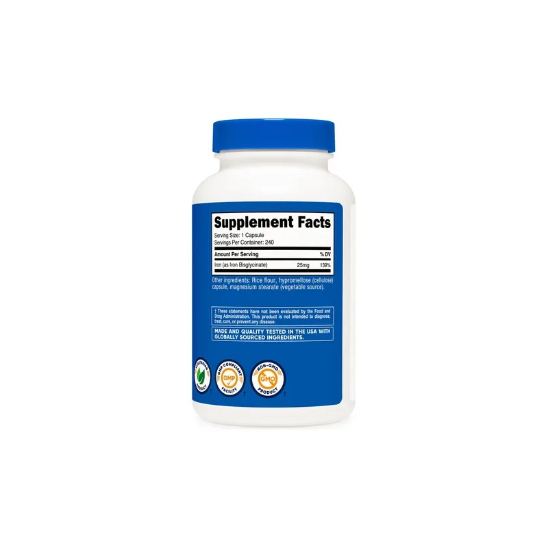 Hierro Bisglicinato 25 mg Cápsulas Iron Bisglycinate Supplement, 240 Capsules