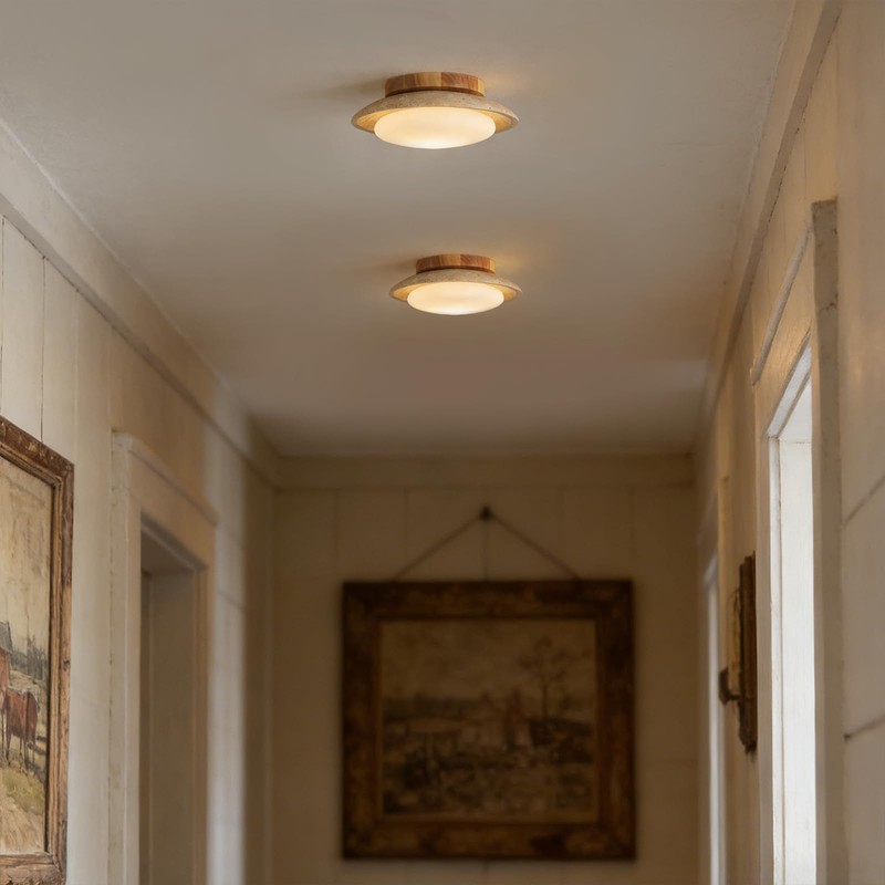 9.8'' Yellow Travertine Flush Mount Ceiling Lamp with Wood Base