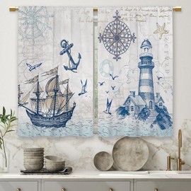 Laifzere Vintage Nautical Sailboat Kitchen Curtains Lighthouse Compass Anchor Small Short Cafe Window Curtains Sea Ocean Rod Pocket Bathroom Drapes Treatment Tier Curtains 2 Panels (27.5x39 Inch)