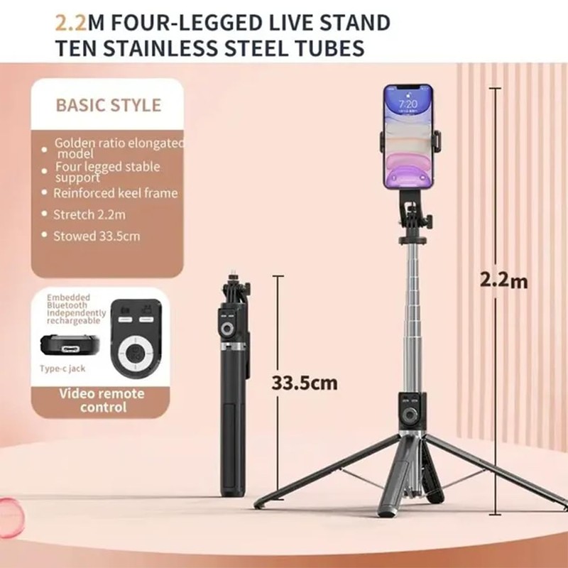 Snblzhef 2.2m Selfie Stick 360 Degree Rotating Stand Foldable Bluetooth