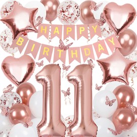 11th Birthday Decorations for Girls, Rose Gold 40 Inch Number 11 Foil Birthday Balloons with Happy Birthday Banner and Butterfly Stickers