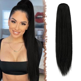 FESHFEN Straight Ponytail Extensions, Long Drawstring Pony Tails Synthetic Hair Piece Clip in Ponytails Hairpieces for Women, Natural Black 28 inch